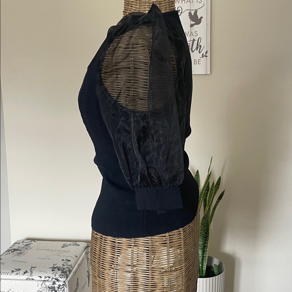 Joie Puff Sleeve Sheer Square Neck Semi Crop Top Black - Picture 2 of 6